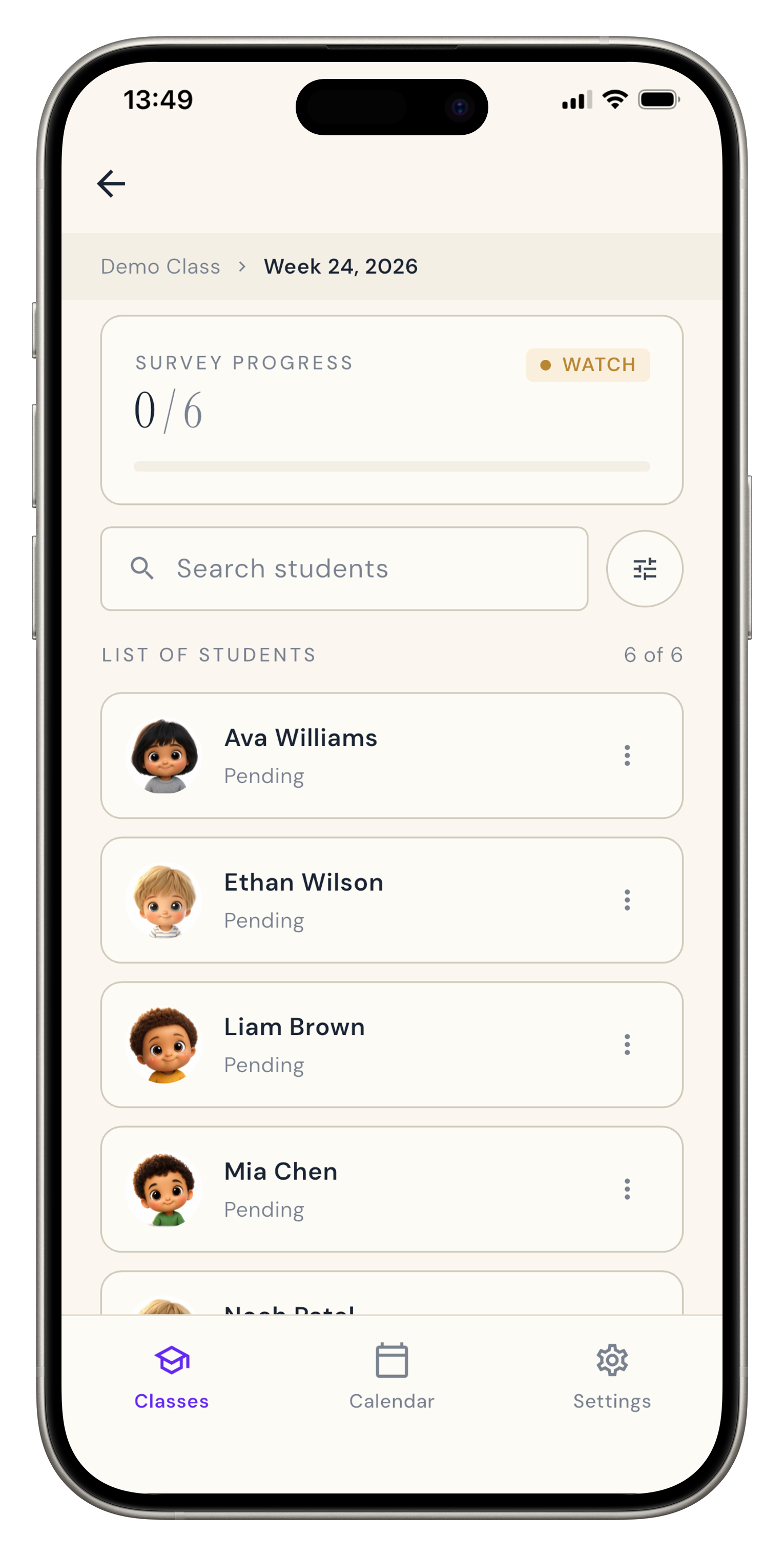 Kinnections class roster and survey progress app screen